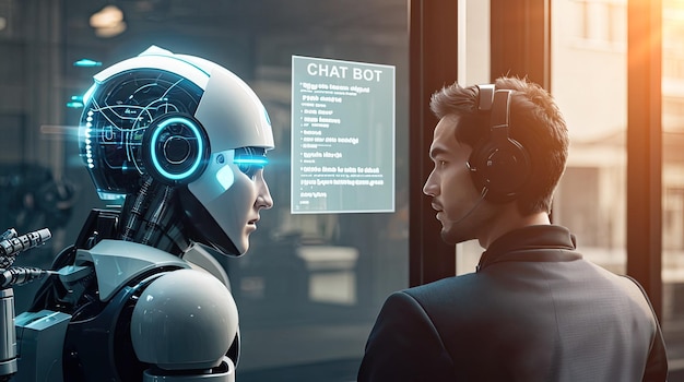 Man talking with robotic ai chat bot ai artificial intelligence conversation  using technology smart ai robot get support by enter command prompt for  generates generative ai | Premium AI-generated image