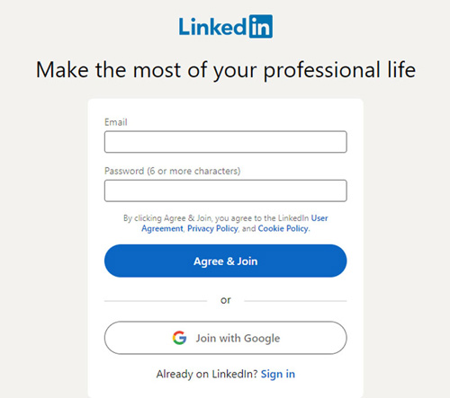 مرحله ۲ عضو شدن در لینکدین- ایجاد حساب لینکدین