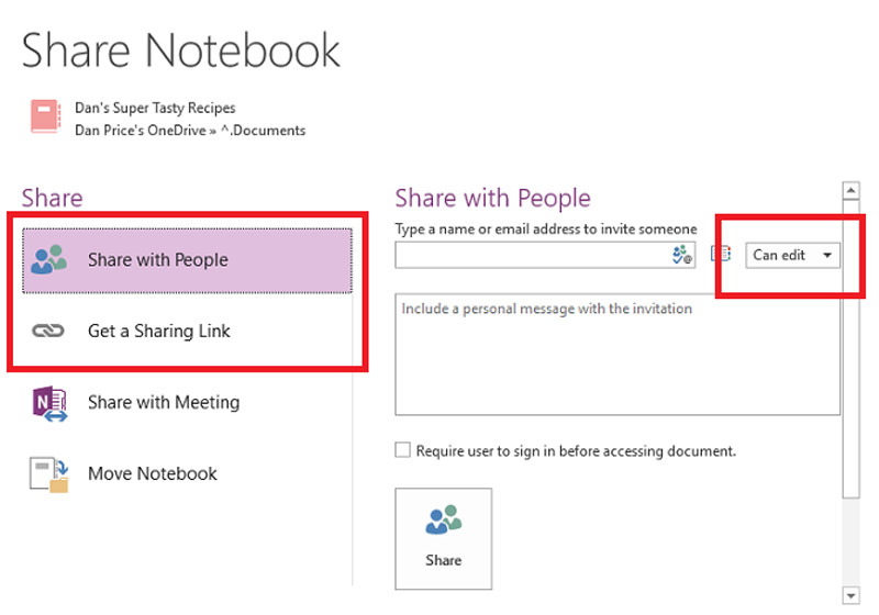 در وان نوت امکان بهاشتراکگذاری و دادن دسترسی به فایلها نیز وجود دارد.