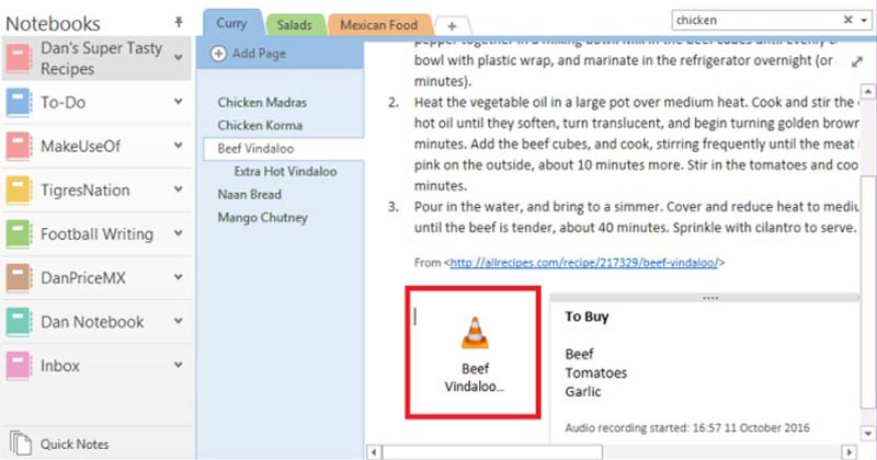 از دیگر امکانات وان نوت ایجاد یادداشتهای صوتی است.