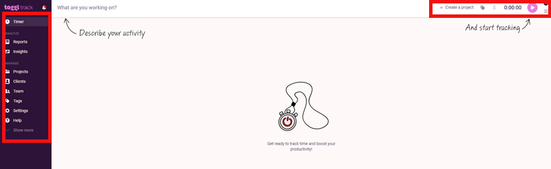 شکل ۲. پروفایل کلی Toggl و ابزارهای آن