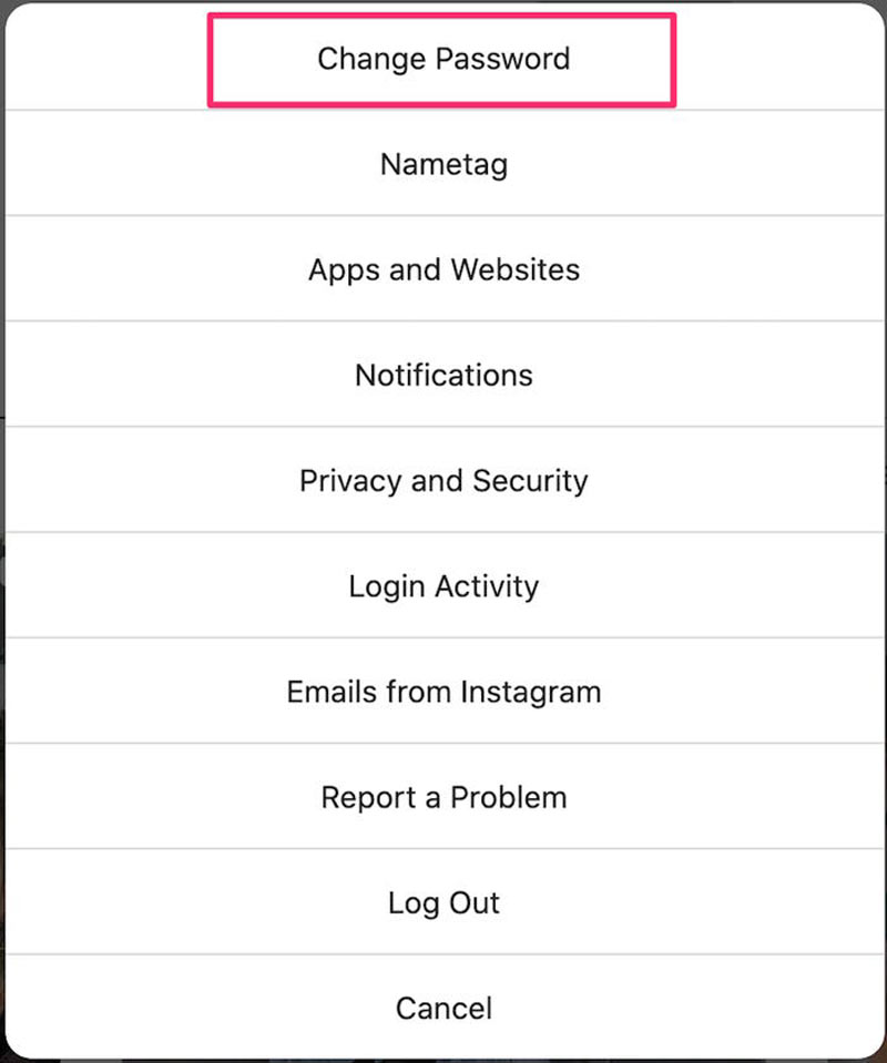 عوض کردن پسورد اینستا - گزینهی تغییر رمز عبور (Change Password) را انتخاب کنید؛