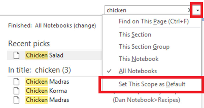 وان نوت یک قابلیت مهم بهنام Search Box دارد.