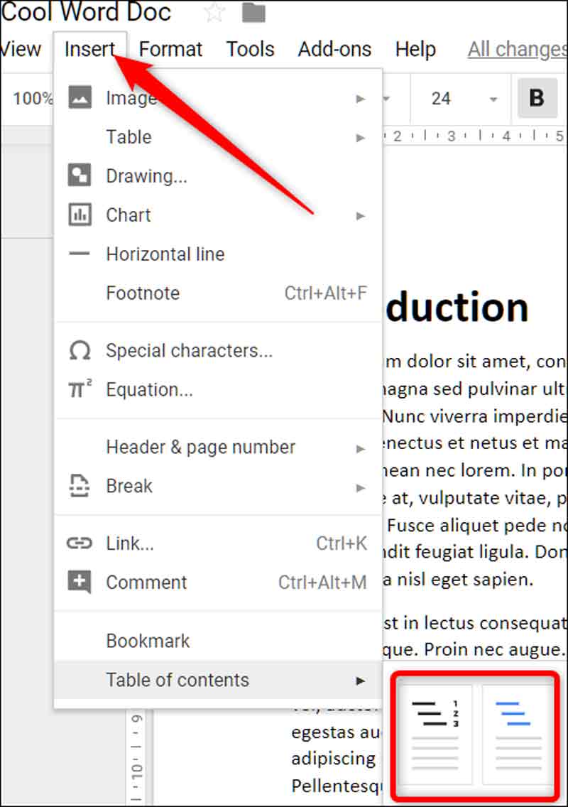 نحوهی افزودن فهرست مطالب- گوگل داکس