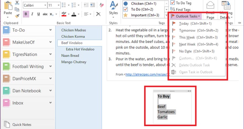 از قابلیت های دیگر وان نوت ارسال وظایف به اوتلوک است