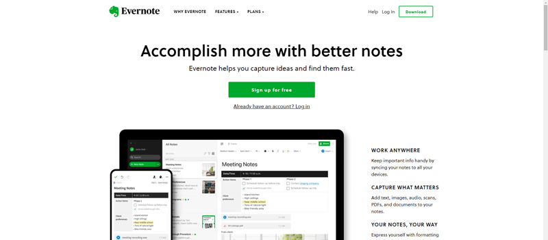 صفحه اول وب سایت Evernote